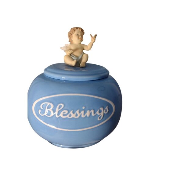 House of Lloyd 1999 Cherub Blessings Trinket Powder Jar Vanity Nursery Porcelain - Picture 2 of 6